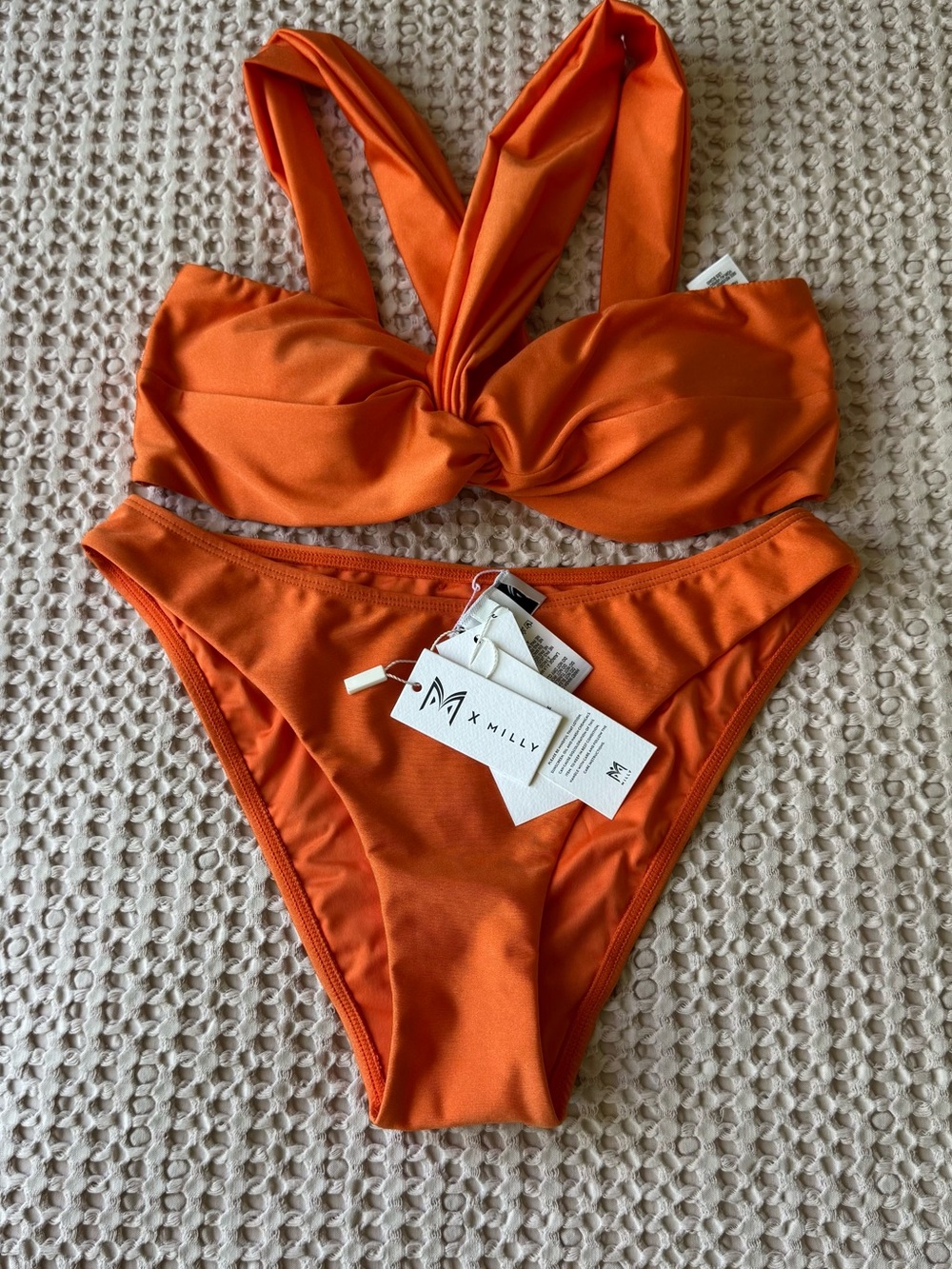 Milly Olivia Draped BandeauTwist-Front Bikini Set in Gloss Orange Small NWT